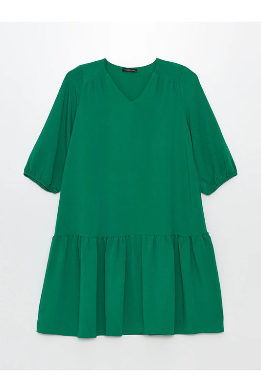 LC Waikiki LCWAIKIKI Classic V-neck Plain Balloon Sleeve Women's Dress Dark Green Women