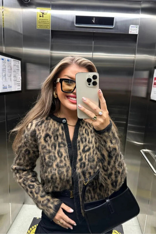 Lamierra Leopard Print Cardigan Soft Knitwear Buttoned Camel-black Women