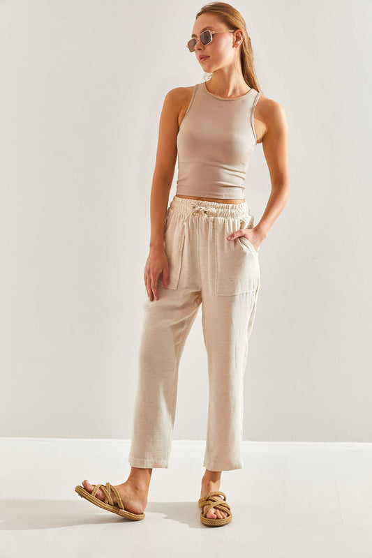 Bianco Lucci Women's Elastic Waist Linen Beige Women