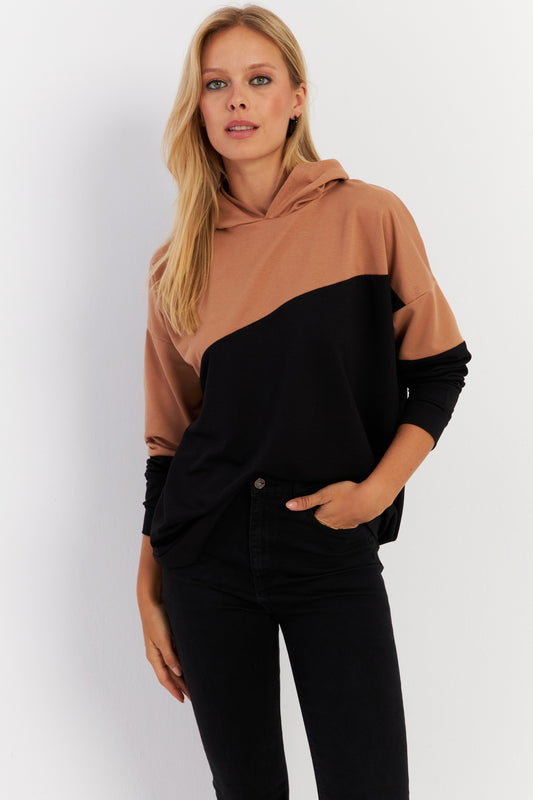 Cool & Sexy Camel-Black Color Blocked Women's Sweatshirt Hooded Women
