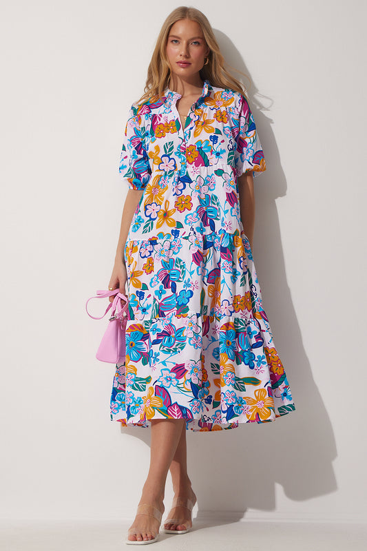 Happiness İstanbul Women's Blue White Floral Loose Summer Long Poplin Dress Women