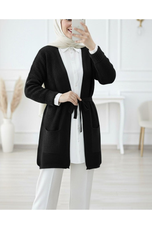Modamorfo Lace-Up Solid Color Knitted Cardigan - Black Women