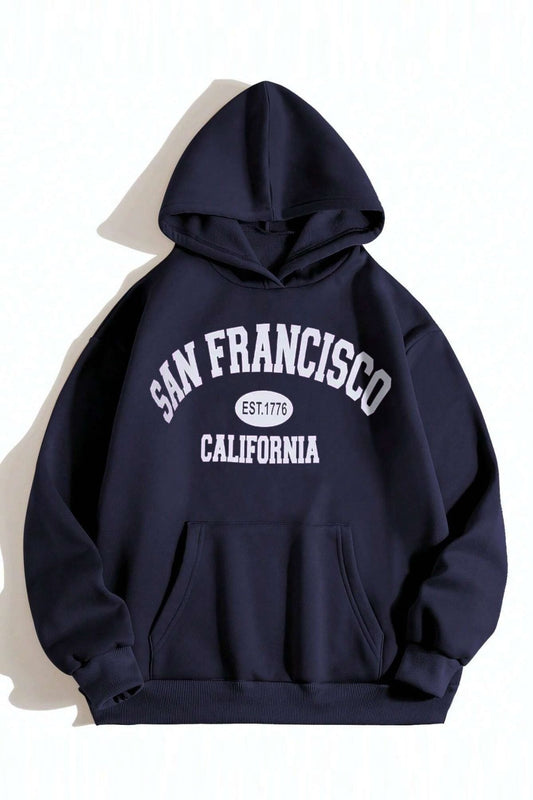 MODAGEN Unisex Navy Blue San Francisco Printed Oversize Hooded Sweatshirt Unisex