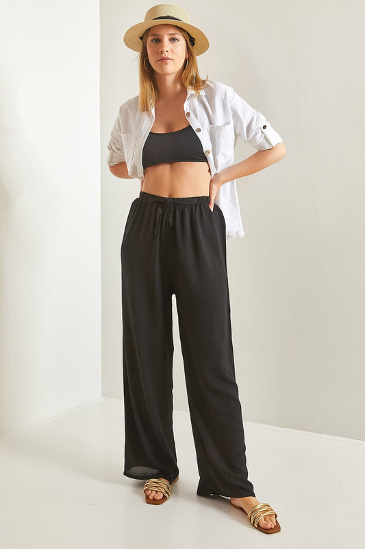 Bianco Lucci Women's Waist Belted Wide Leg Viscose Trousers Black Women