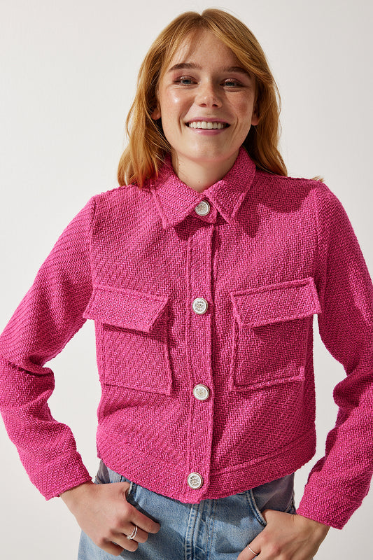 Happiness İstanbul Women's Pink Stylish Buttoned Woven Tweed Jacket with Pockets Women