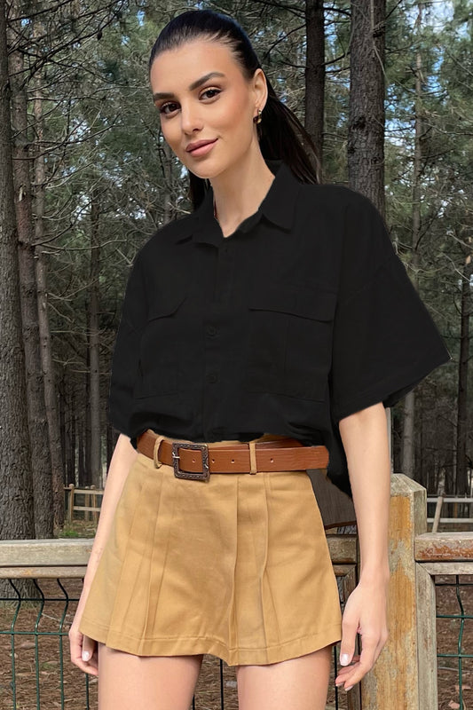 Trend Alaçatı Stili Women's Black Double Pocket Half Sleeve Linen Shirt ALC Women