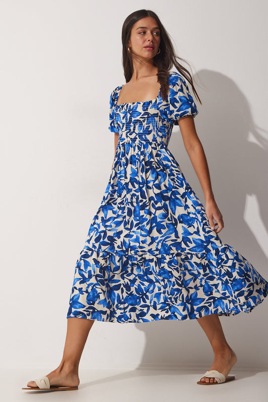 Happiness İstanbul Women's Blue Floral Patterned Summer Viscose Dress Women
