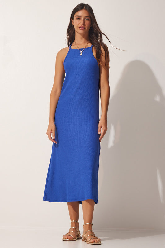 Happiness İstanbul Women's Blue Strappy Summer Long Knitted Dress Women