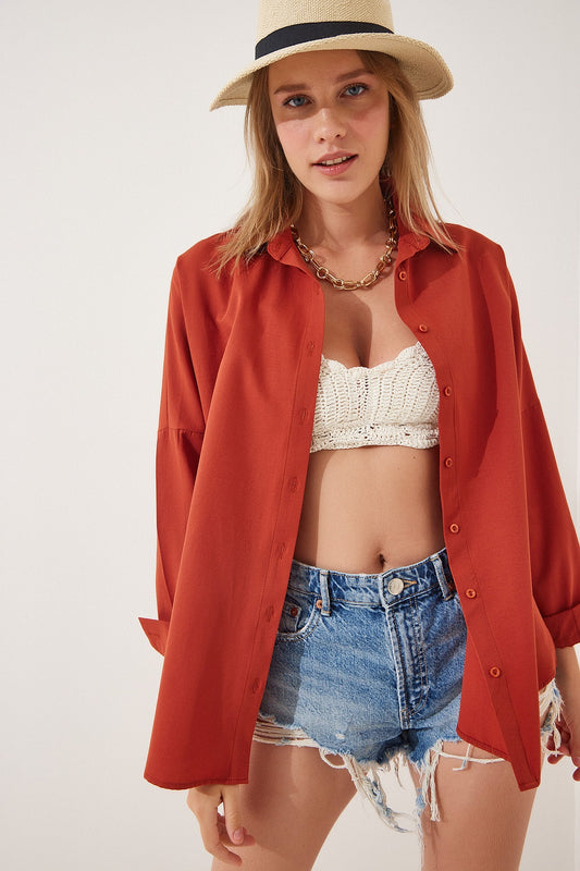 Happiness İstanbul Women's Tile-red Oversize Long Basic Shirt Women