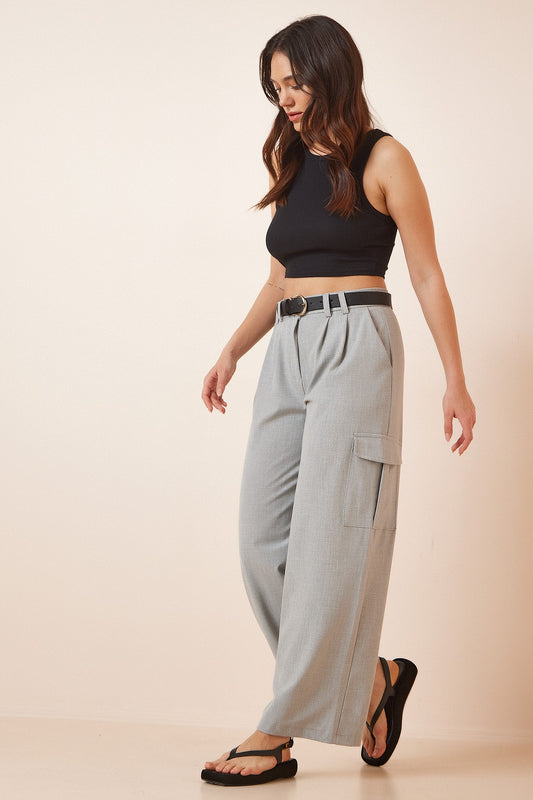 Happiness İstanbul Loose Cargo Woven Trousers with Pockets Gray Women