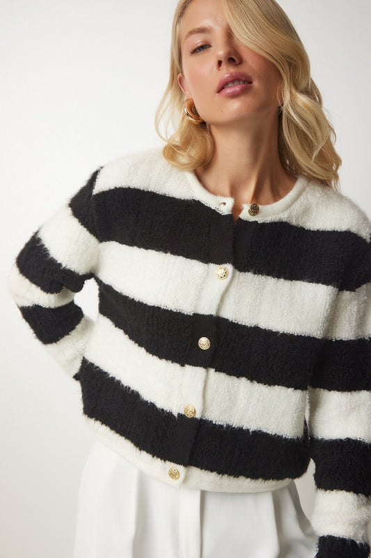 Happiness İstanbul Women's Ecru Black Striped Boucle Knitwear Cardigan Off-black Women