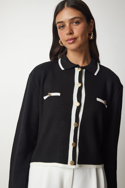 Happiness İstanbul Woman's Black Stripe Detailed Knit Cardigan Women