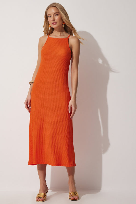 Happiness İstanbul Women's Orange Strappy Summer Long Knitted Dress Women