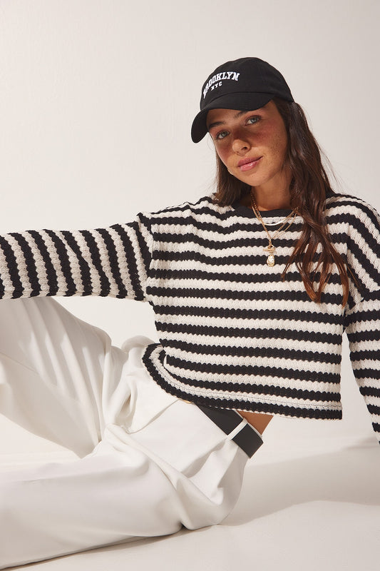 Happiness İstanbul Women's Black Striped Crochet Knitwear Sweater Women