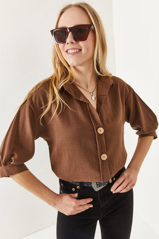 Olalook Women's Bitter Brown Wooden Buttoned Three-Quarter Sleeve Linen Shirt Bitter Coffee Women