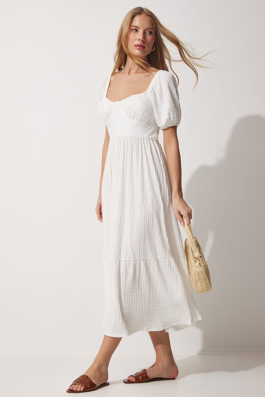 Happiness İstanbul Sweetheart Neckline Textured Summer Knitted Dress White Women