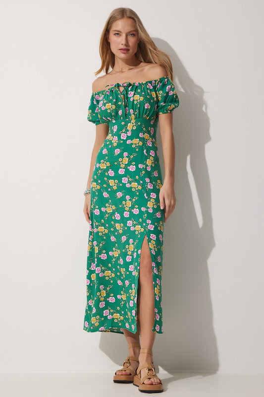 Happiness İstanbul Women's Green Floral Gathered Collar Summer Long Viscose Dress Women