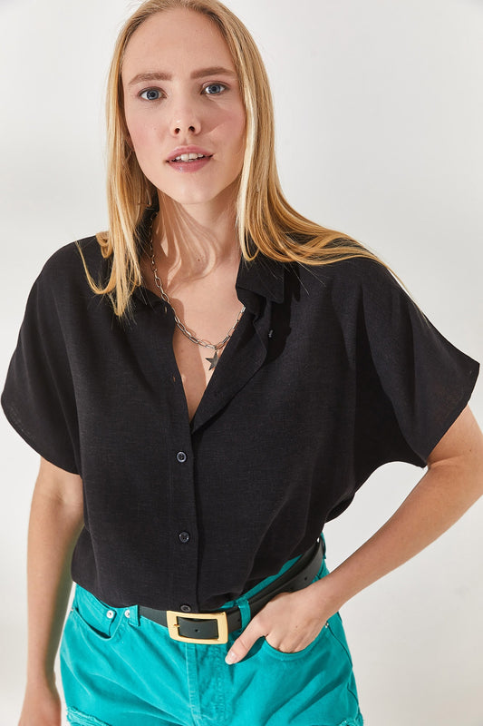 Olalook Women's Black Bat Oversize Linen Shirt Women