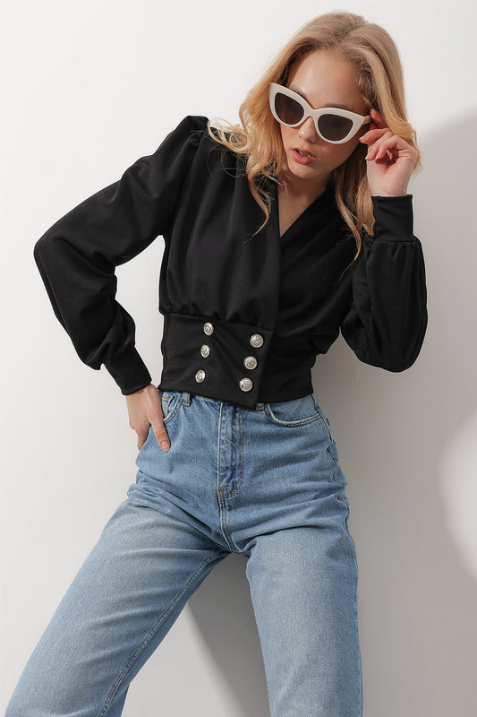 Trend Alaçatı Stili Women's Black Double Breasted Collar Princess Sleeve Button Detailed Crop Blouse ALC Women