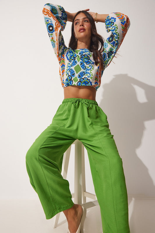 Happiness İstanbul Women's Vibrant Green Pocketed Linen Viscose Shalwar Trousers Women
