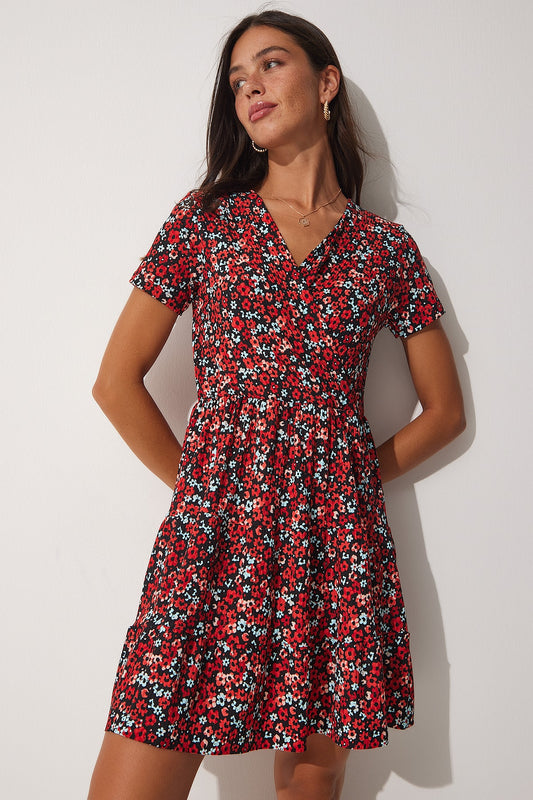 Happiness İstanbul Women's Red Patterned Wrap Collar Summer Knitted Dress Women