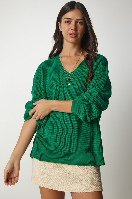Happiness İstanbul Women's Dark Green V-Neck Oversize Basic Knitwear Sweater Women