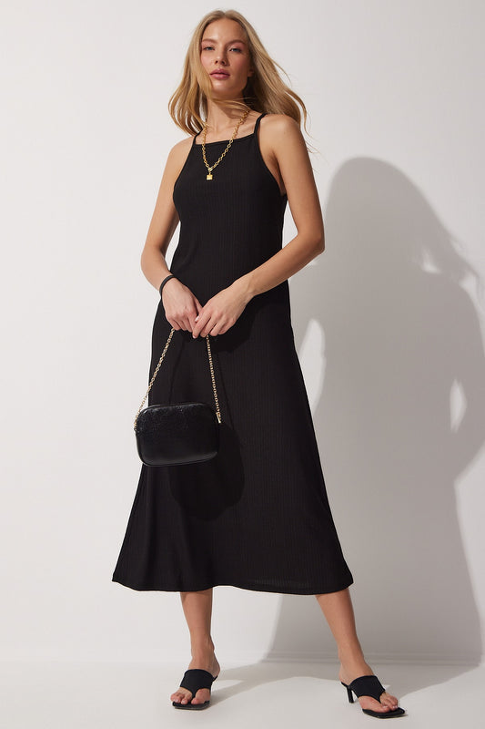 Happiness İstanbul Women's Black Strappy Summer Long Knitted Dress Women