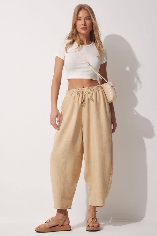 Happiness İstanbul Women's Vibrant Cream Pocketed Linen Viscose Shalwar Trousers Live Cream Women