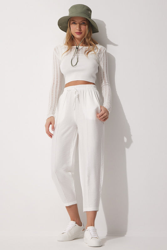 Happiness İstanbul Women's White Side Pocket Linen Shalwar Trousers Women