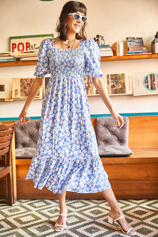 Olalook Women's Blue and White Floral Elastic Casual Woven Viscose Dress Blue And White Flowers Women