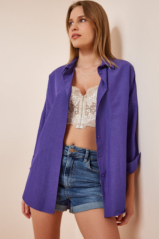Happiness İstanbul Women's Purple Oversize Long Basic Shirt Women