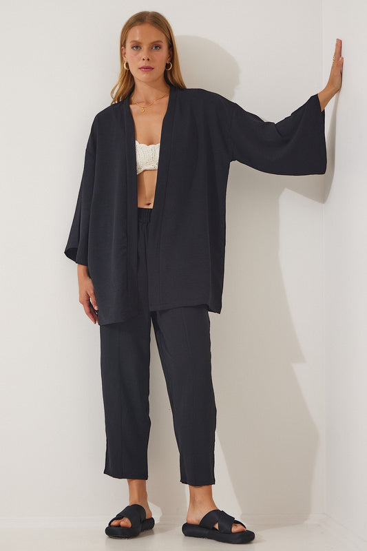 Happiness İstanbul Women's Black Kimono Trousers Set Women