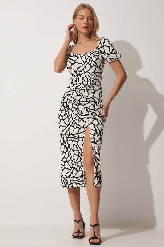 Happiness İstanbul Women's Black and White Gathered Saran Summer Knitted Dress Women