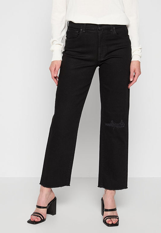 7 for all mankind THE MODERN STRAIGHT OUTERSPACE WITH RAW HEM Black (ZZO2EY104-Q00) Women