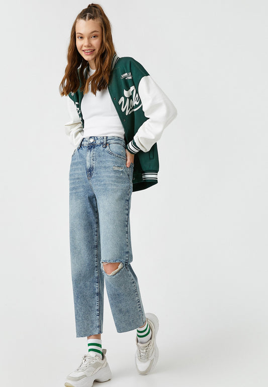 Koton High Waist Ripped Knees Jean Straight Jean Blue Denim (KOA21N000-K11) Women