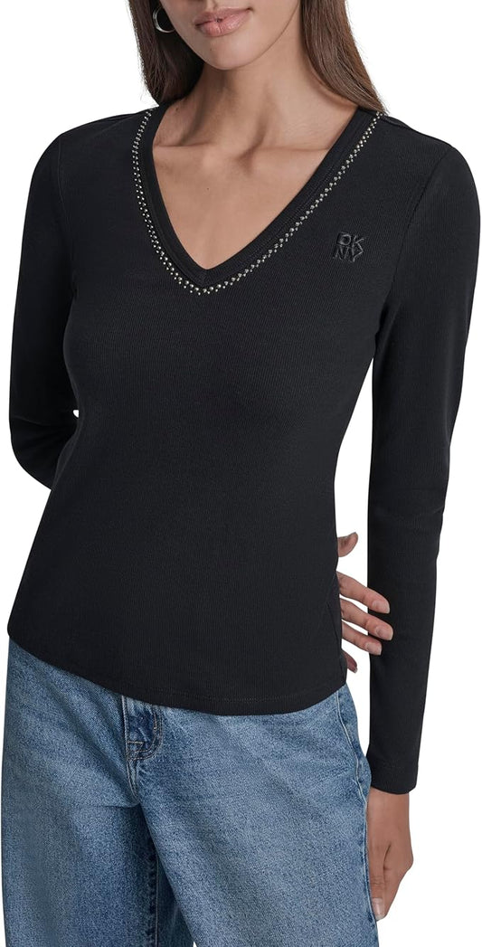 DKNY Long Sleeve Rhinestone V-Neck Top (DJ5T1564) Women