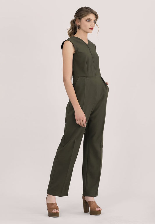 Closet Sleeveless V Neck Jumpsuit Khaki (ZZO0X6T12-N00) Women