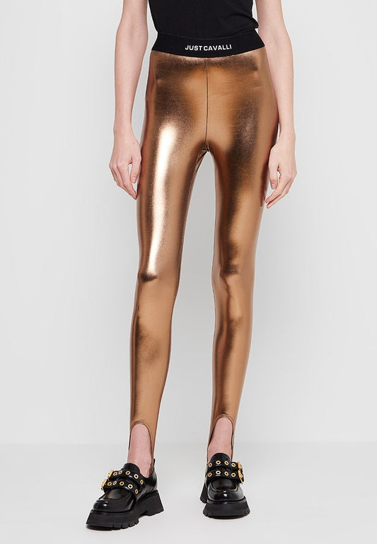 Just Cavalli LAME Jumper LEGGINGS. ELASTICIZED LOGO WAISTBAND Gold-Coloured (ZZO1QS682-E00) Women