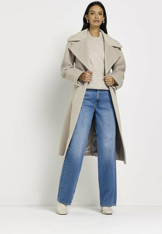 River Island Beige belted longline coat Off-White (RI921U0AF-A11) Women