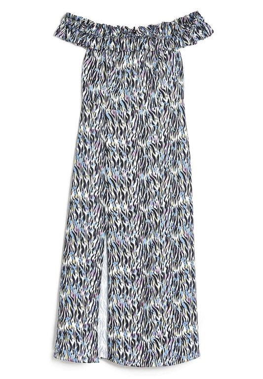 River Island animal print frill bardot midi dress Blue (RI921C191-K11) Women